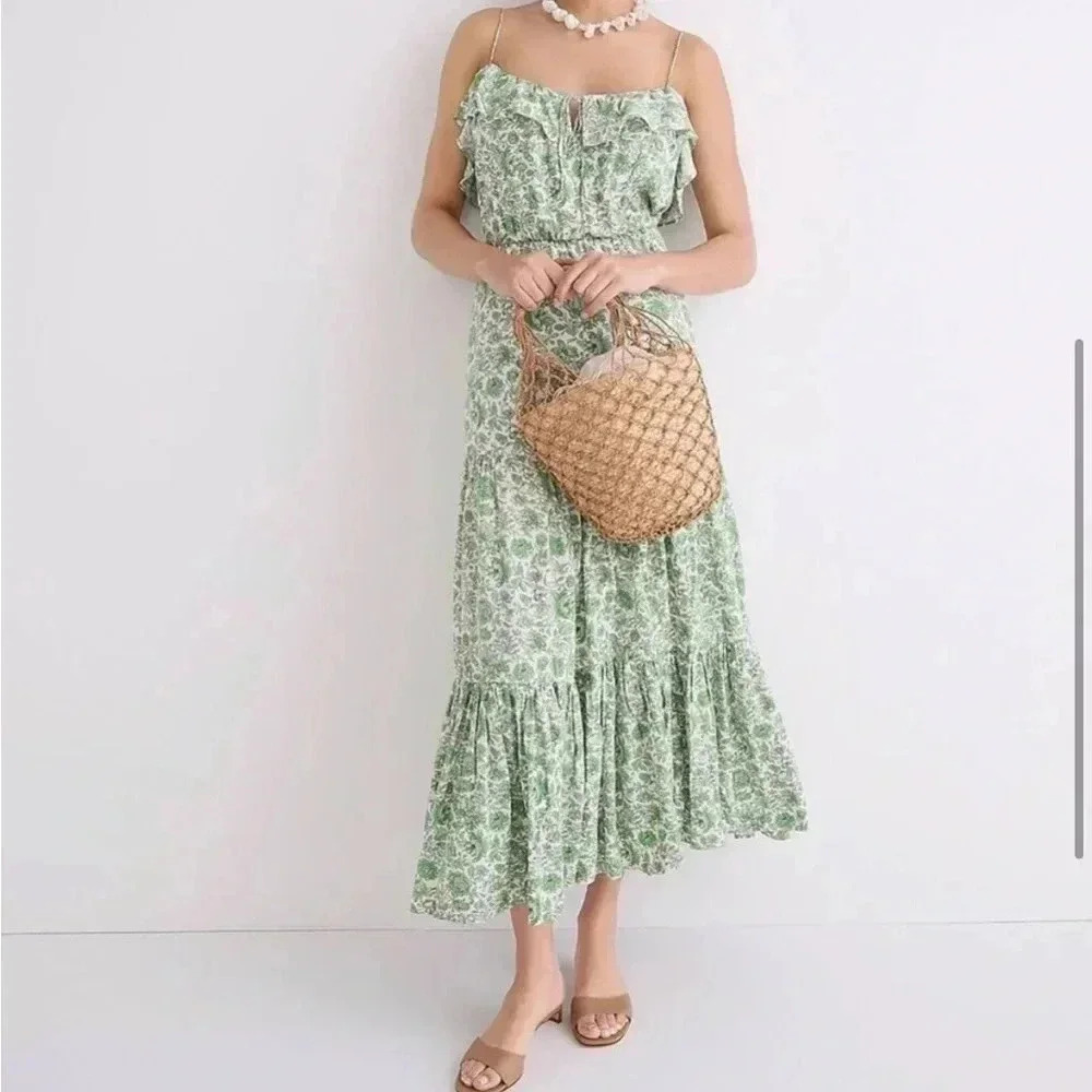 J.Crew Floral Sleeveless Ruffle Tiered Midi Dress Green & White Size Small